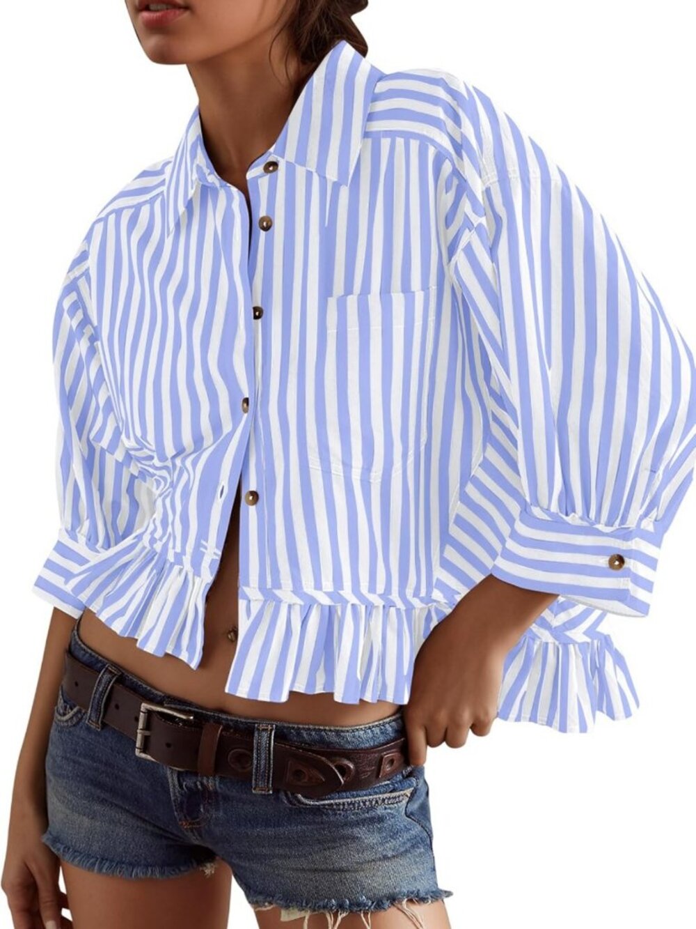 Stylish Women's 3/4 Sleeve Striped Button Down Blouse with Ruffle Hem